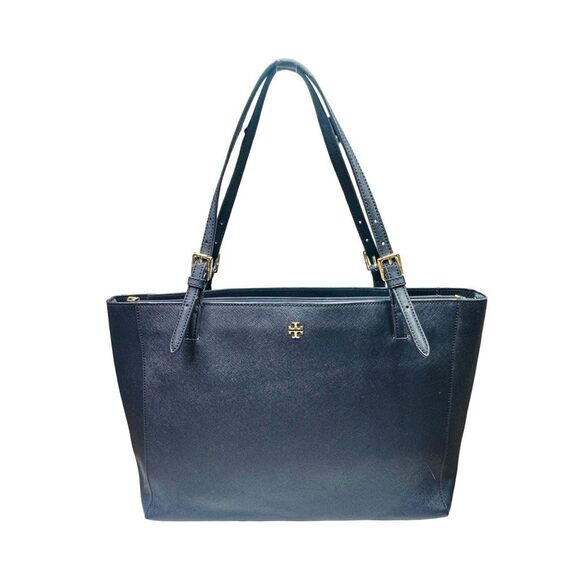Tory Burch Large Robinson Leather Tote Bag - Navy - 14.5” x 11.25” x 4.5” - Picture 1 of 13